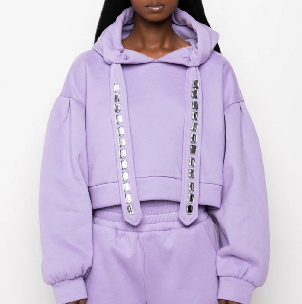 SNO‎ Lavender Cropped Hoodie with Sequin Details Oversize
